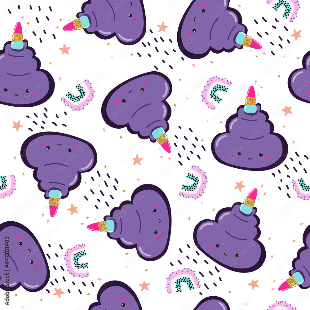 Unicorn cute poop seamless pattern. Funny rainbow print. Vector hand drawn illustration. 
