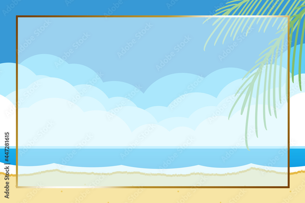 海とヤシの木　長方形　砂浜　ゴールド枠