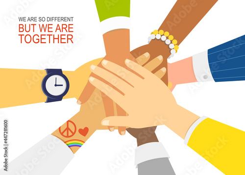 Group of multicultural ethnic minorities or Friends with Hands Stacked on white background. International Team Building cartoon vector illustration. Arms of different Race People with on Stack 