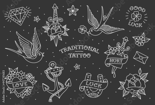 Old school tattoo icons elements collection in line style design. Traditional tattoo symbols and objects set of swallow, anchor, heart, rose. All objects in group isolated from black background