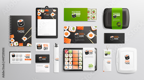 Sushi restaurant brand identity Mockup set for and Japanese food package. Corporate style Sushi restaurant - realistic mockup of Vegetarian sushi logo, packaging, chopsticks, flyer, menu