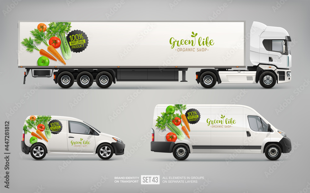 Vegetable logo with branding mockup set on Truck Trailer, Delivery Van - vector template. Organic vegetable design for transport identity and Advertising. Organic Food delivery transport mockup set