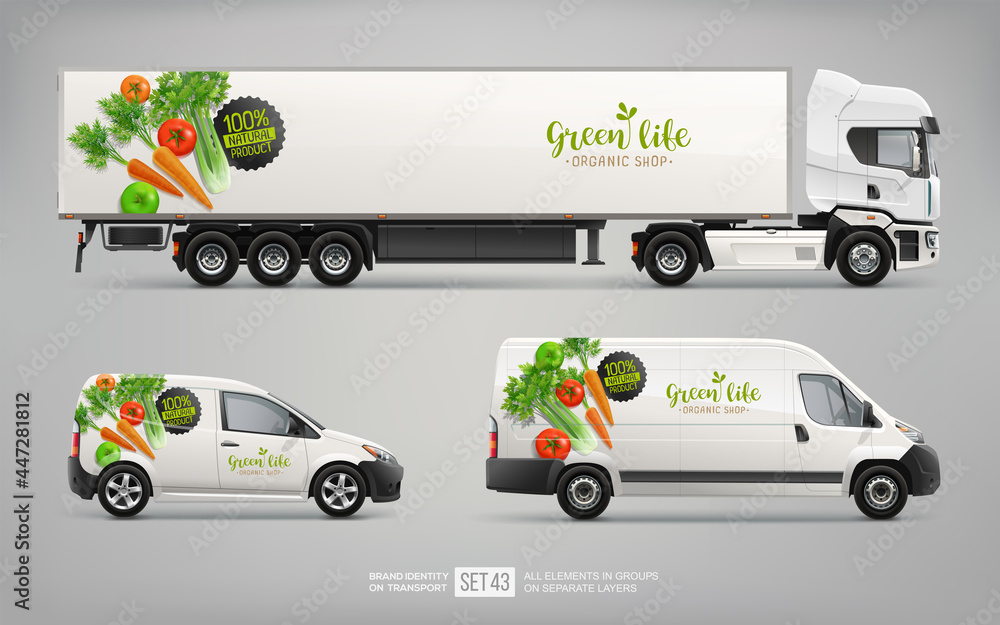 Vegetable logo with branding mockup set on Truck Trailer, Delivery Van