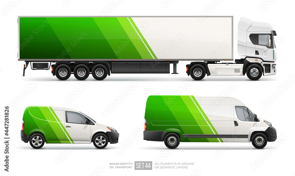 Green brand identity of Truck Trailer, Cargo Van, Delivery Car vector template. Abstract green stripes design for transport Brand identity and Advertising. Set of delivery service Transport