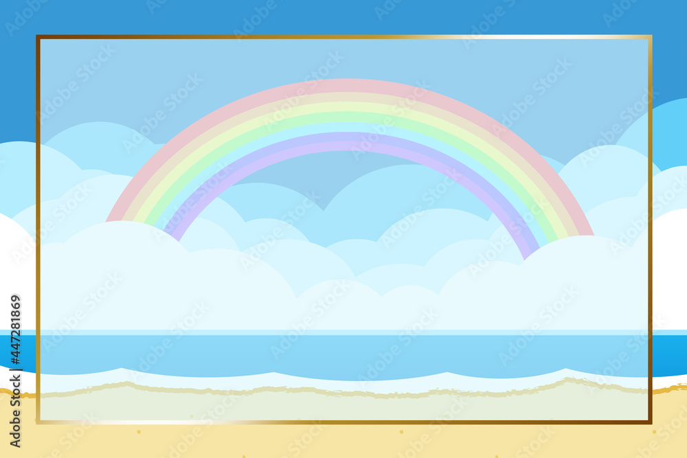 海と虹　長方形　砂浜　ゴールド枠