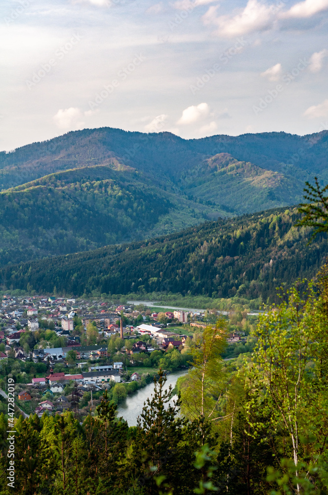 Skole town among Carpathian mountains, Ukraine, view from mountain, autumn season