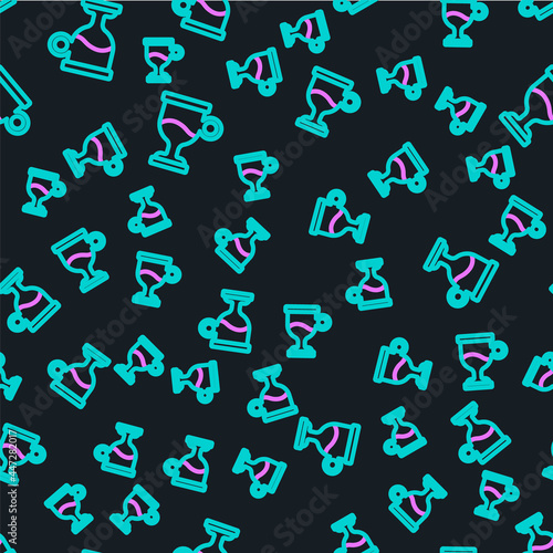 Line Mulled wine with glass of drink and ingredients icon isolated seamless pattern on black background. Cinnamon stick, clove, lemon slice. Vector