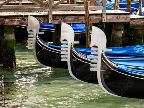 Gondola's moored up and waiting for passengers in Venice, Italy