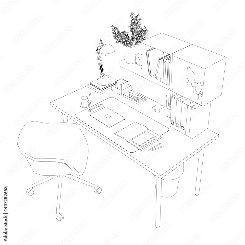Fototapeta premium Contour of graphic designer workplace isolated on white background. Isometric view. Vector illustration