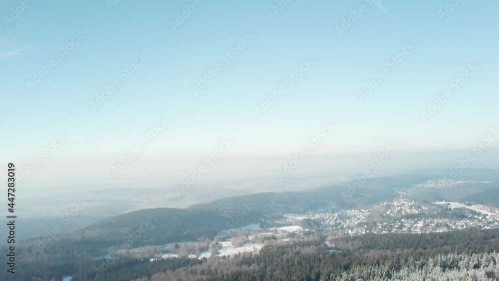 Aerial drone view of Taunus and Feldberg in winter with snow ice and frost with sunshine. Germany. Aerial drone view of Taunus and Feldberg in winter with snow ice and frost with sunshine. Germany.