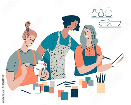 Art class for adults. Women together with the teacher paint ceramic pots with their hands. They have an interesting lesson together. Flat image isolated on white background. 