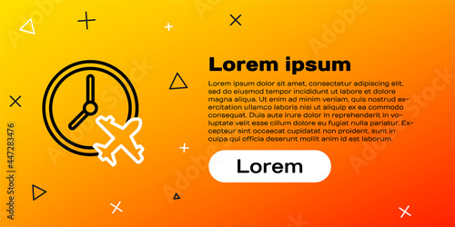 Line Clock with airplane icon isolated on yellow background. Designation of time before departure, check-in for flight and arrival time symbol. Colorful outline concept. Vector