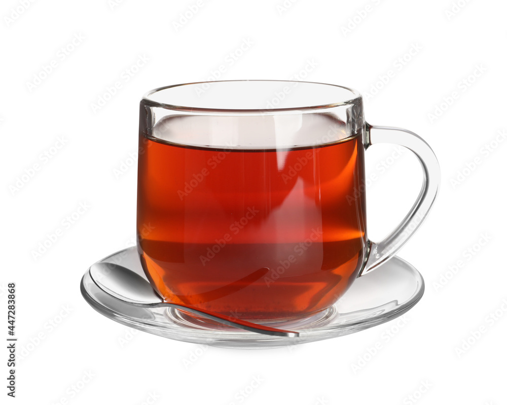 Glass cup of freshly brewed tea isolated on white Glass cup of freshly brewed tea isolated on white