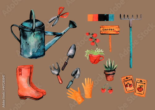  set of tools for the garden, gardening , horticulture garden picture watercolor garden tools plants and everything for the gardener art gumboots watering can garden gloves tomatoes vintage style