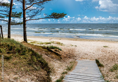 Wooden resting spot and footpath leading to sandy beach of the Baltic Sea