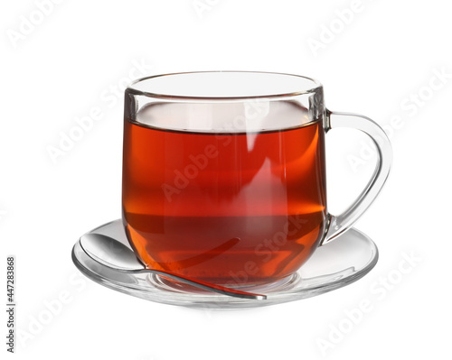 Glass cup of freshly brewed tea isolated on white