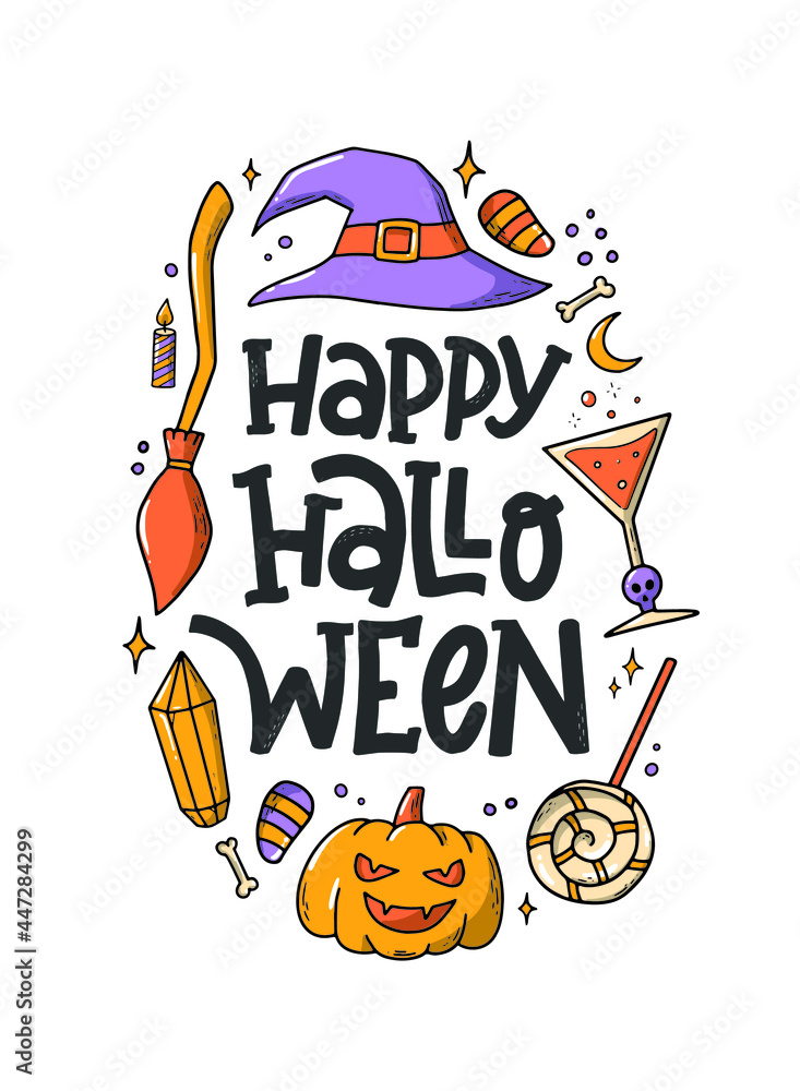 Happy Halloween hand lettering quote decorated with doodles for greeting cards, posters, invitations, banners, prints, signs, etc. EPS 10 Happy Halloween hand lettering quote decorated with doodles for greeting cards, posters, invitations, banners, prints, signs, etc. EPS 10
