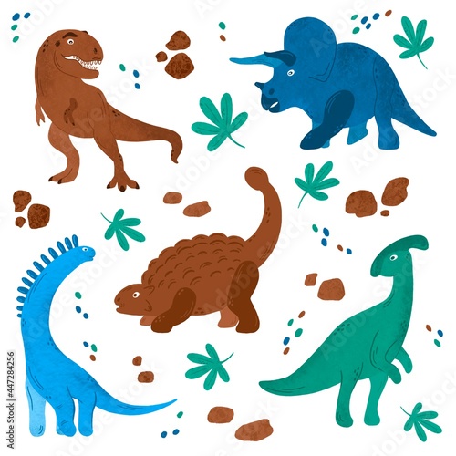 Set with five cartoon dinosaurs: tyrannosaurus, triceratops, talarurus, diplodocus, parasaurus photo