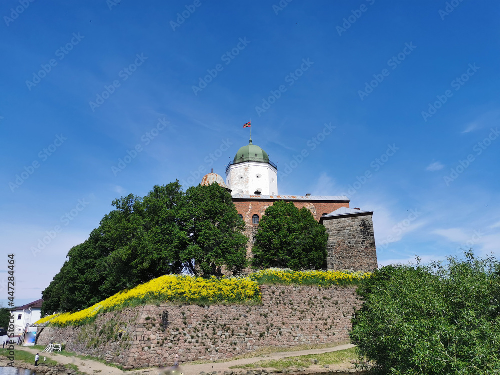 View of Vyborg Castle and St. Olaf's Tower, built in the 13th century, in the city of Vyborg against the blue sky.