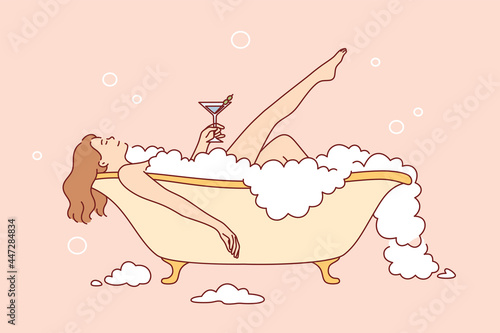 Skincare, pleasure, relaxation at home concept. Young pretty Woman cartoon character taking bath with bubble and drinking cocktail for hygiene and beauty feeling positive vector illustration 