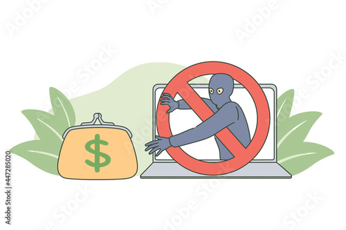 Internet crime and money fraud concept. Man hacker pulling his hand to wallet, money, credit cards vector isolated illustration 