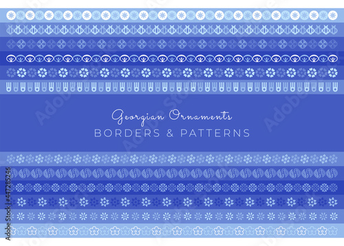 Georgian Borders and Patterns in Blue. Hand-drawn vector line border set design element. Floral vintage fashion pattern, illustration.