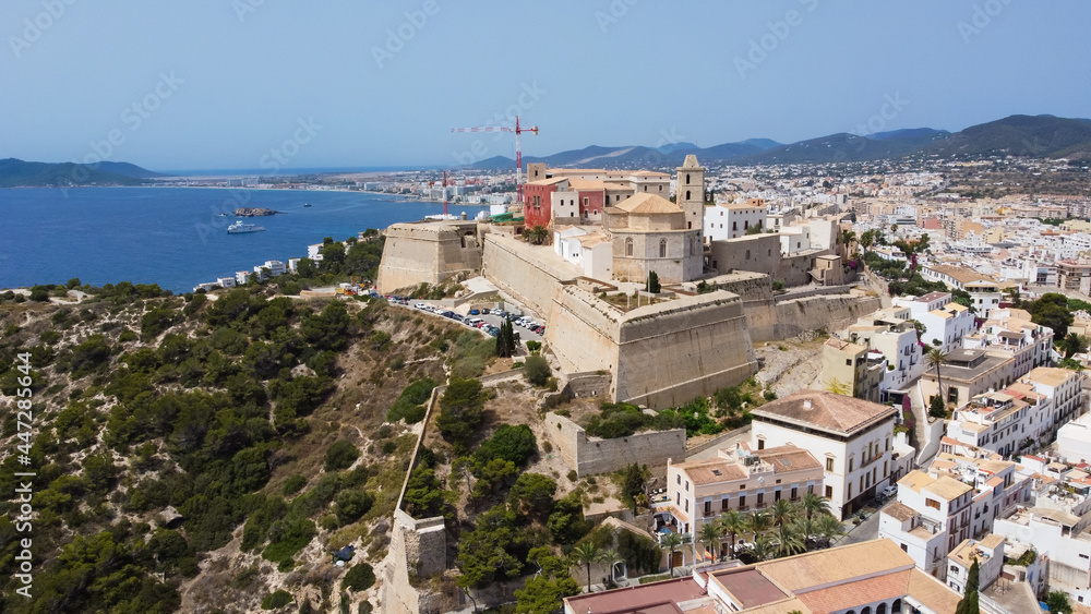 Aerial view of Dalt Vila, the walled city of Eivissa on Ibiza island, Spain - Santa María Cathedral overlooking the Mediterranean Sea in the capital of Ibiza