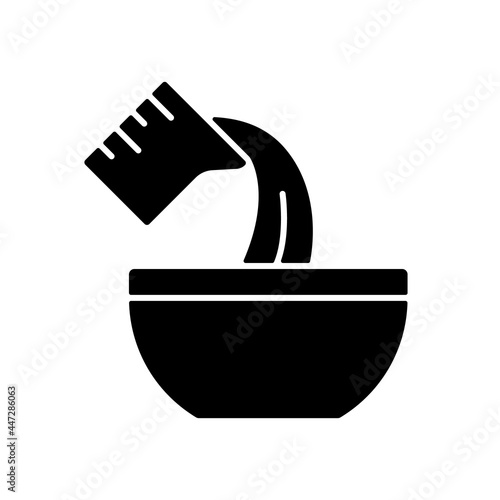 Pour cooking ingredient black glyph icon. Adding liquid to bowl. Baking process step. Add mixture. Cooking instruction. Food preparation. Silhouette symbol on white space. Vector isolated illustration