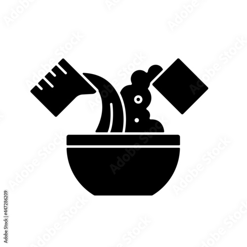 Mixing cooking ingredient black glyph icon. Add water in bowl for dough making. Cooking instruction. Food preparation process. Silhouette symbol on white space. Vector isolated illustration