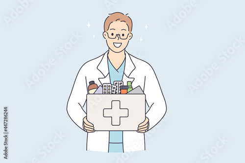 Pharmacy and selling drugs concept. Pharmacist standing and holding bag with pharmacy drugs treatment in bottle alone looking at camera vector illustration