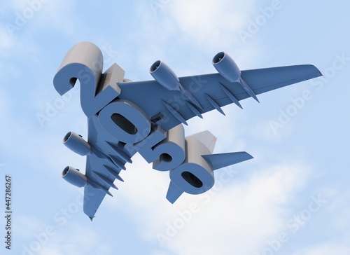 3D illustration of 2050 text with plane wings