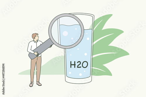 Clear drinking water and lifestyle concept. Small man standing holding magnifying glass with glass of water and formula for healthy lifestyle vector illustration 