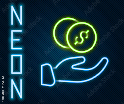 Glowing neon line Donation hand with money icon isolated on black background. Hand give money as donation symbol. Donate money and charity concept. Colorful outline concept. Vector