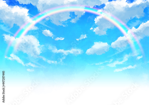 奥行き感のある虹のかかった青空と雲