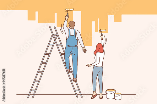 Home renovation and repairing concept. Young couple man and woman standing backwards painting wall in new apartment in yellow vector illustration