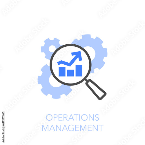 Operations management symbol with cogwheels and a magnifier with a growing efficiency curve. Easy to use for your website or presentation.