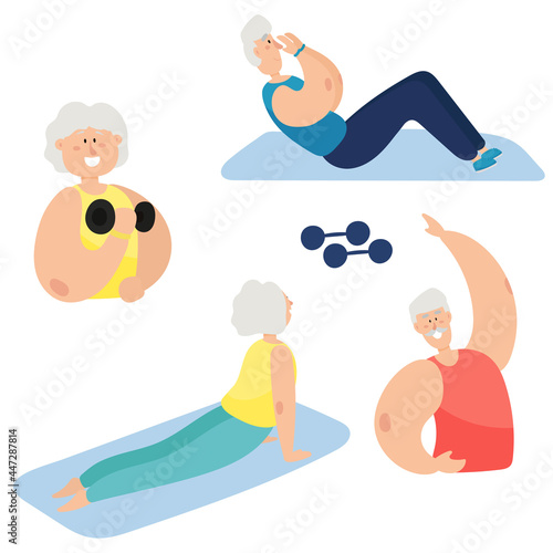 Active elderly couple go in for sports. Grandparents lead a healthy lifestyle. Set