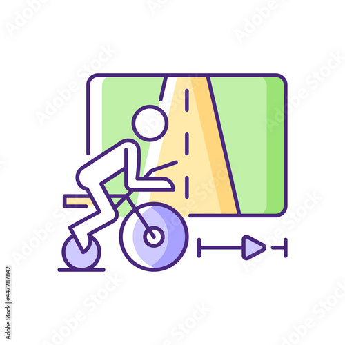 Virtual cycling app RGB color icon. Online fitness rally sport. Racing competition. Indoor traveling. Smart trainer. Stationary bike. Isolated vector illustration. Simple filled line drawing