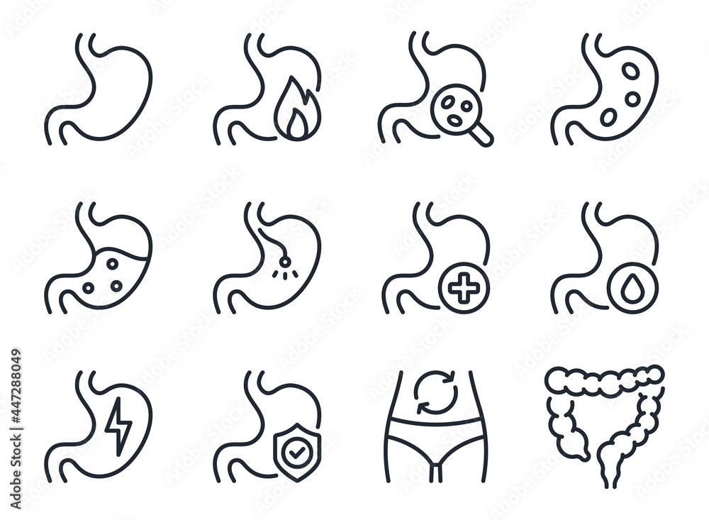Stomach ache and pain related editable stroke outline icons set isolated on white background flat vector illustration. Pixel perfect. 64 x 64. Stomach ache and pain related editable stroke outline icons set isolated on white background flat vector illustration. Pixel perfect. 64 x 64.