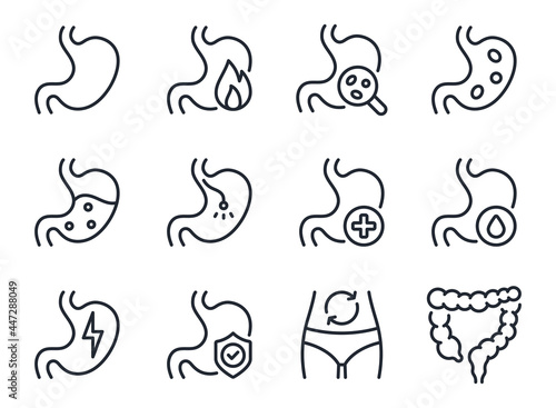 Stomach ache and pain related editable stroke outline icons set  isolated on white background flat vector illustration. Pixel perfect. 64 x 64.