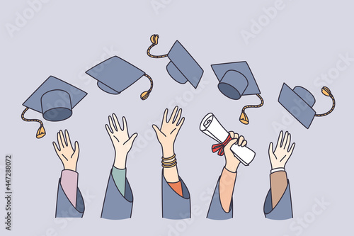 Getting education and learning concept. Hands of students university graduates lifting bonets in air holding diploma celebrating graduation vector illustration 