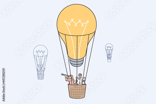 Looking for Innovative business ideas concept. Business people colleagues cartoon characters rising on air balloon with light bulb above feeling positive vector illustration 