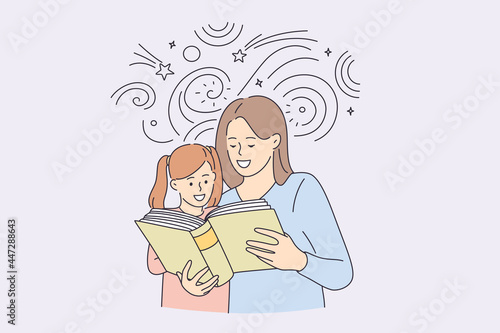 Happy childhood and spending time with children concept. Smiling happy mother and her daughter cartoon characters reading book together vector illustration 
