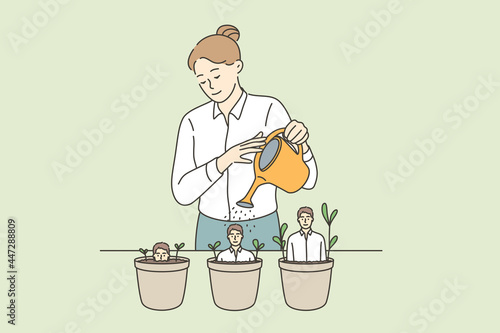 Human resources and career concept. Young woman recruiter cartoon character standing watering pots with growing business man inside vector illustration 