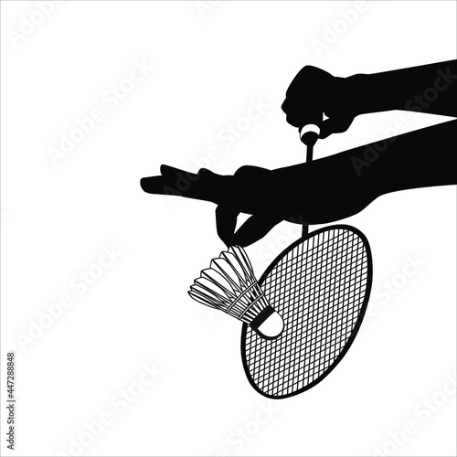 Badminton racket and white shuttlecock holding in hands of player while serving. Black icon on white background. Vector graphic illustration in white background. Suitable for website design, logo, app