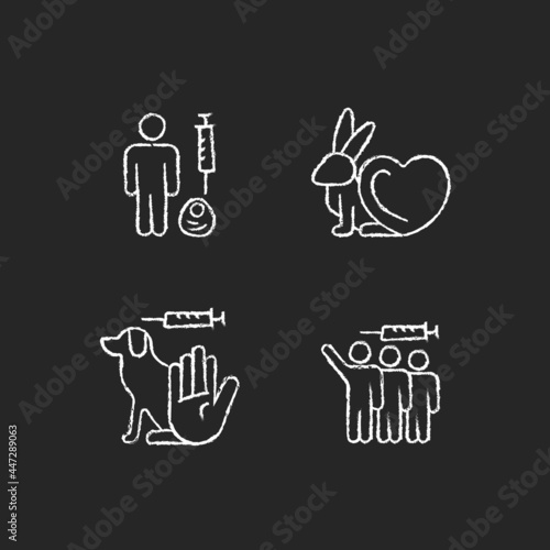 No animal experiments chalk white icons set on dark background. Alternative for pet experimentations in laboratory. Volunteer for human cell test. Isolated vector chalkboard illustrations on black