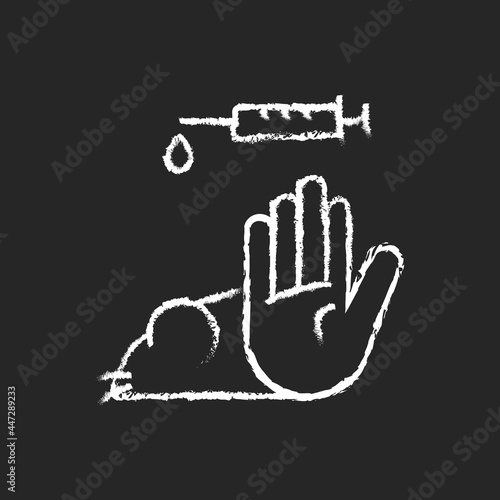 No mice testing chalk white icon on dark background. Avoid research of chemicals on rats. Prevention for animal experiments in laboratories. Isolated vector chalkboard illustration on black