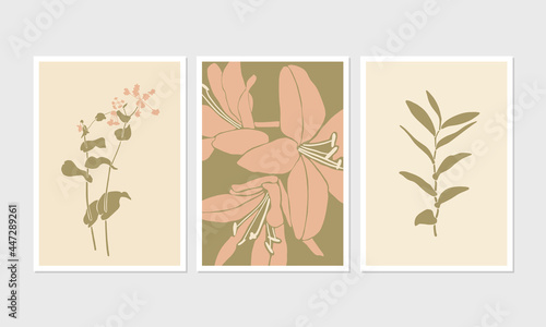 Modern posters with floral linocut illustrations in pastel colors. Flowers and plants silhouettes. Great for interior decor, wall art, tote bag, t-shirt print.