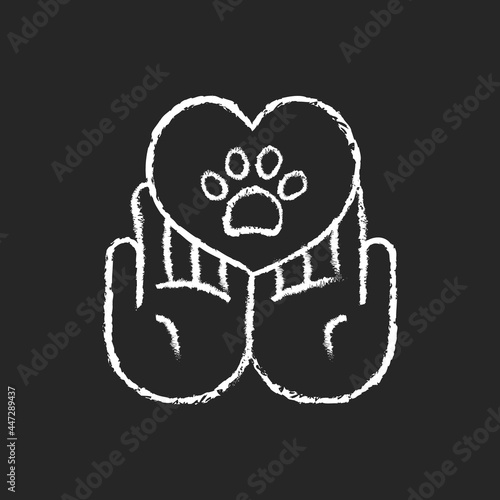 Animal friendly chalk white icon on dark background. Veterinary care for dogs and cats. Pet health and protection. Cruelty free label. Animal welfare. Isolated vector chalkboard illustration on black