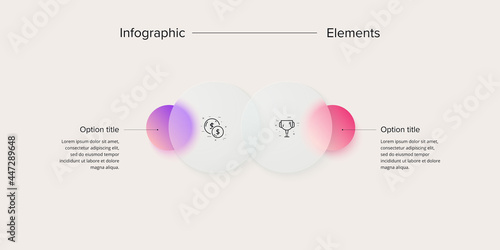 Business process chart infographics with 2 step circles. Circular corporate workflow graphic elements. Company flowchart presentation slide. Vector info graphic in glassmorphism design.